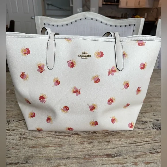 Coach Cream Leather Tote with Pink Floral Print - Picture 1 of 4